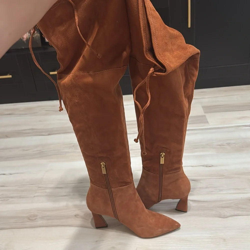 Vince Camuto Taplana Over The Knee Boots 7.5 Cognac Suede Pointed Toe Unworn
